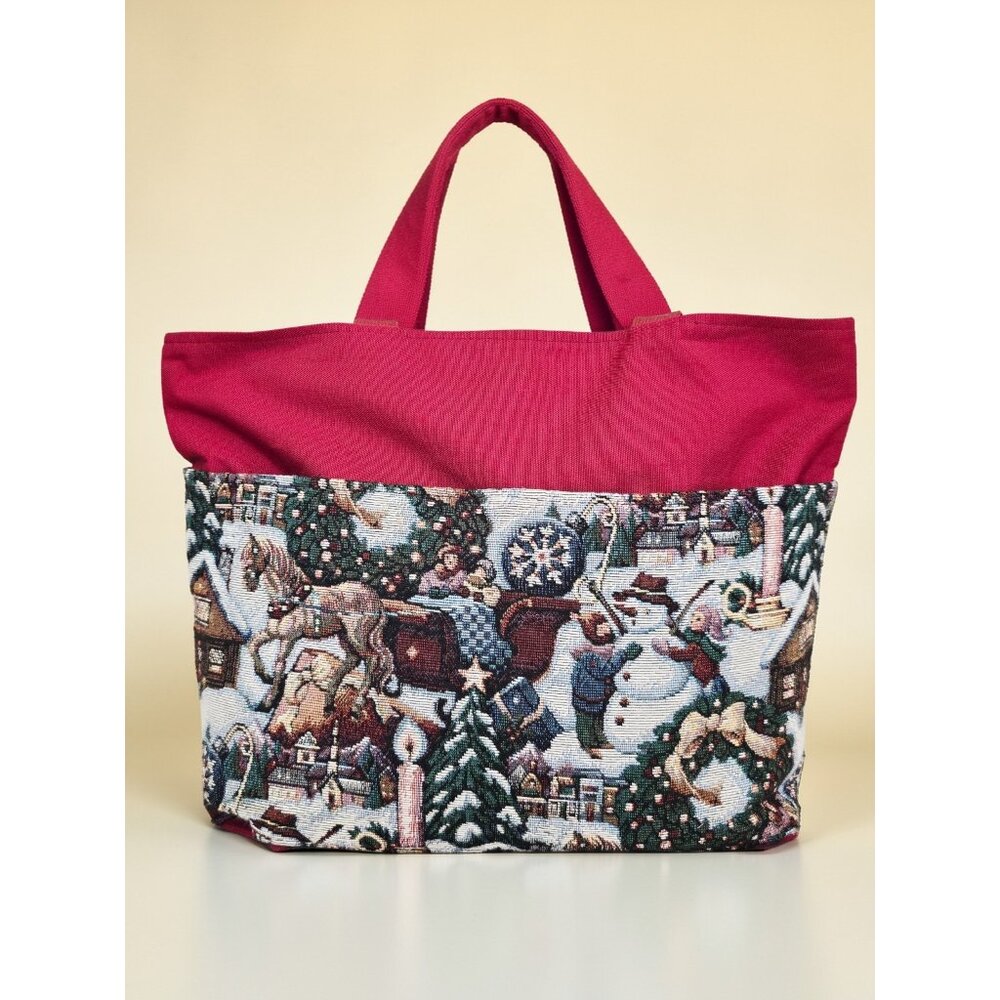 Vintage Tapestry-style Christmas tote bag features a festive winter scene As‎ Is